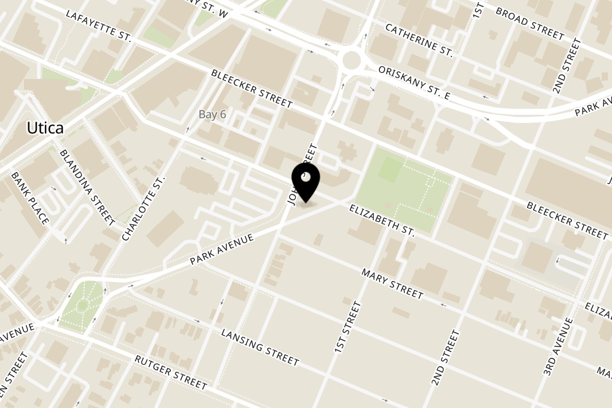 Map showing the location of Black Rice Sushi & Thai Cuisine on 601 John Street in Utica